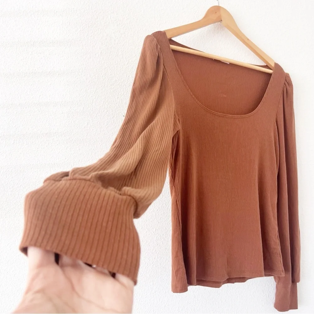 Reformation Ribbed Square Neck Top Brown Fitted Long Sleeve Stretch Blouse